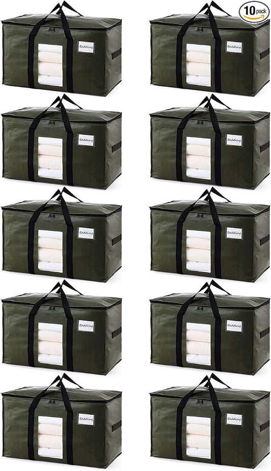TAILI 10 Pack Green Extra Large Storage Bags, Heavy Duty Totes with Visible Window, Wrap Around Handles, Perfect for Moving by TAILI