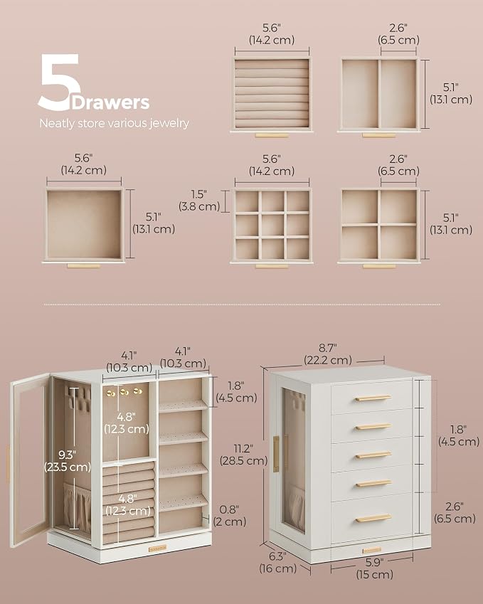SONGMICS GISELLA Collection - Jewelry Box Organizer 360° Rotating, Vertical Jewelry Storage Case with 5 Drawers, Glass Window, Spacious, Open Design, Great Gift, Cloud White UJBC170W01 - Image 4