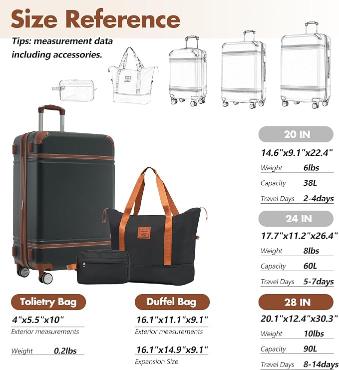 Merax Suitcase Set 28 inches Expandable Luggage with TSA Lock Spinner Wheels Hardshell Lightweight Vintage Luggage with Travel Bag,Black - Image 2