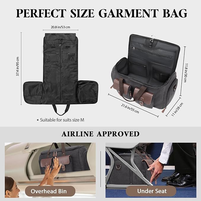 Canvas Garment Bags for Travel, Convertible Carry On Garment Duffel Bag for Men Women, 2 in 1 Suit Bag Hanging Suitcase Business Travel Bag with Shoe Compartment (Grey, L) - Image 8