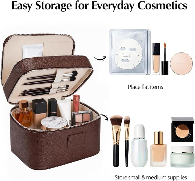Makeup Case,Leather Double Layer Makeup Bag Duo,Large Portable Travel Toiletry Case Cosmetic Organizer for Women - Image 3