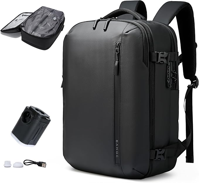 BANGE Vacuum-Seal Travel Backpack with Pump and Vacpack Compression System, Water Resistant Large Carry-On Backpack with Laptop Compartment and TSA Lock - Flight Approved, Black (With Air Pump) by BANGE