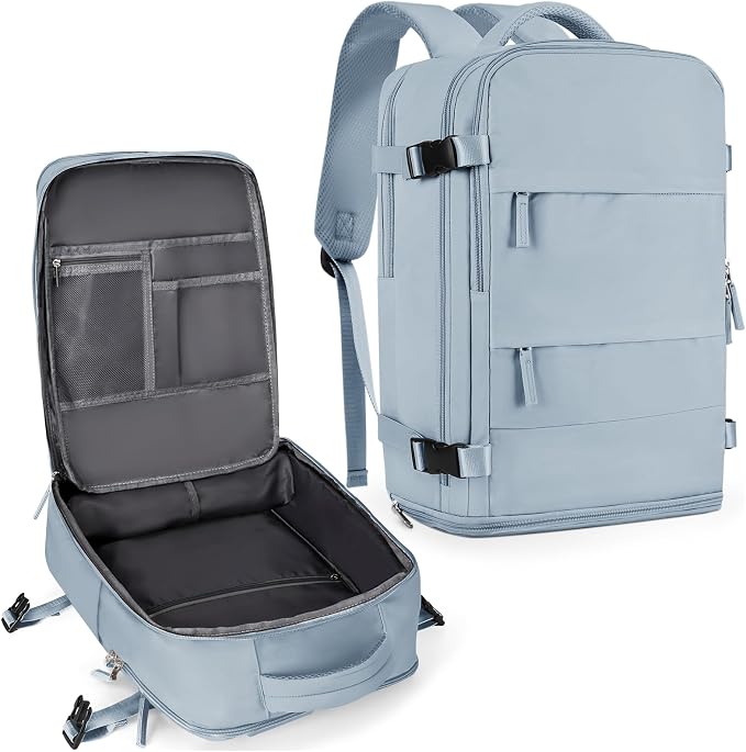 coowoz Large Travel Backpack For Women Men,Carry On Backpack Flight Approved,Hiking Backpack Waterproof Outdoor Rucksack Casual Daypack Fit 15.6 Inch Laptop Shoes Compartment,30L (Gray Blue) by coowoz