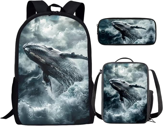 17 Inch Animal Print School Backpack And Lunch Box Set for Kids Lightweight Stormy Sea Whale Backpack for Boys Girls Sturdy School Bag with Insulated Lunchbox Pencil Case Student Bookbag by Parprinty