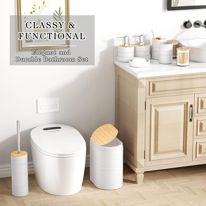 XLHOMO White Bathroom Set - 10PC Bathroom Accessories Set, Luxury Bathroom Accessory Set with Trash Can,Toilet Brush & 2 PC Soap Dispensers for Apartment Decor and Housewarming - Image 4