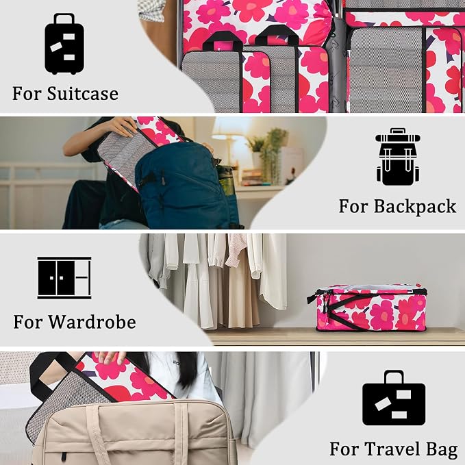 U+U 6 Set Compression Packing Cubes - Ultralight Travel Organizers with Laundry Bag, Space-Saving Suitcase Organizer, Expandable Packing Cubes for Travel, Business Trip and Vacation (Red Flower) - Image 7