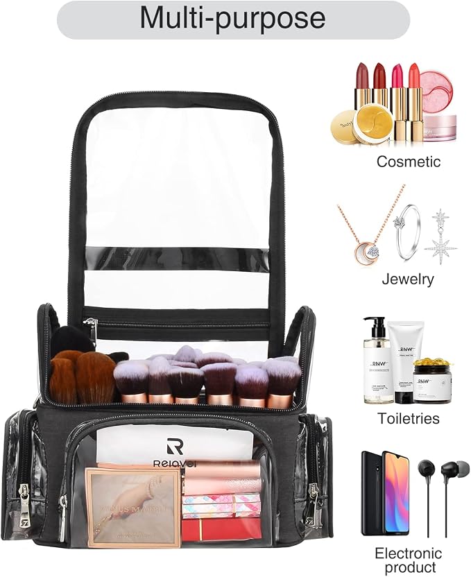 Relavel Extra Large Makeup Case and Makeup Brush Holder Bag, Professional Makeup Organizer, Large Capacity with Adjustable Dividers and Shoulder Strap (Black) - Image 5