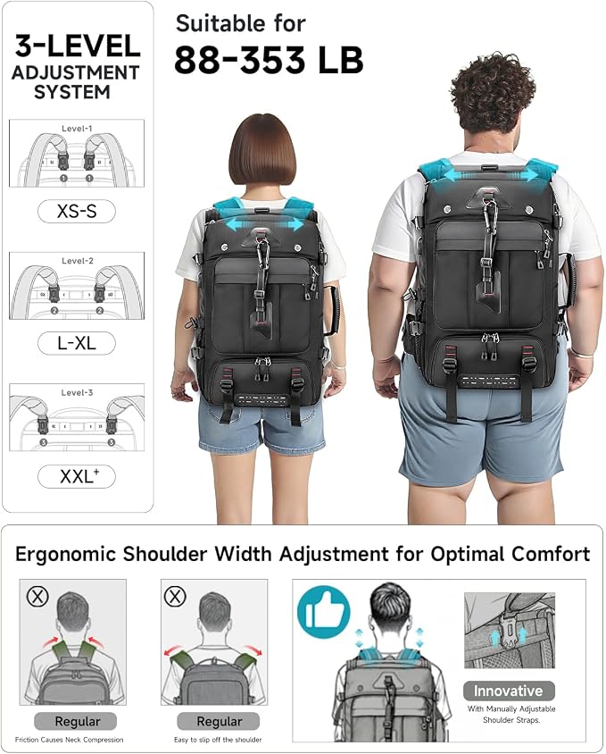 Travel Backpack for Men, 40L Carry on Backpack For Camping,Weekender Black | Large Carry On, Convertible Duffle Bag, Shoe Compartment, Fits 16 Inch Laptop, Durable - Image 5