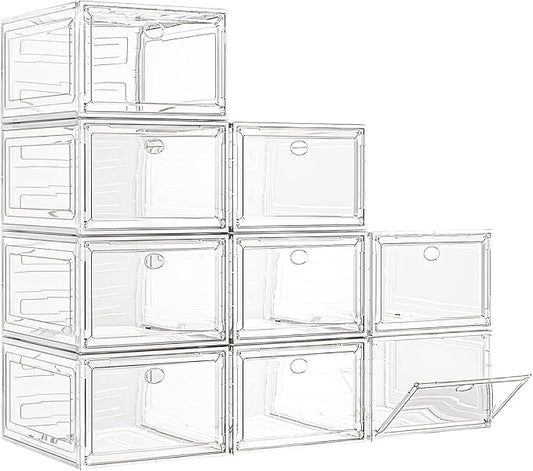 7 code Large Clear Shoe Boxes Organizer【Thicker Material】 Stronger Shoe Box with Magnetic Door, Stackable Shoe Storage Box for Closet, Foldable Space-Saving Storage Bins Shoe Cabinet, White 9 Pack by 7+code