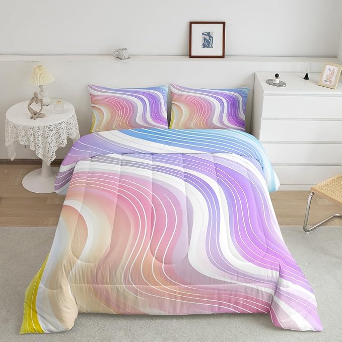 Erosebridal Kids Rainbow Comforter Set Watercolor Fluid Print Duvet Sets Twin Size, Girls Rainbow Stripe Bright Bedding Set Pink Blue Pastel Bedding Comforters 2 Pieces with 1 Pillow Case - Image 2