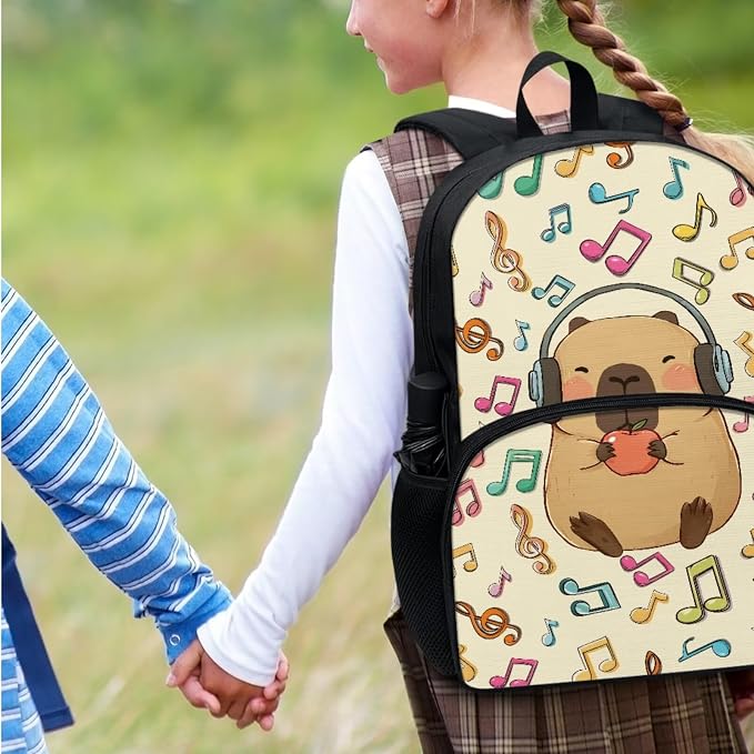 4 Pcs Capybara Music Notes Backpack for Kids, Girls Boys School Backpacks Bookbag Lunch Box Pencil Case Water Bottle Bag for Middle School, Big Student Backpack Back Pack Book Bags, Beige - Image 7
