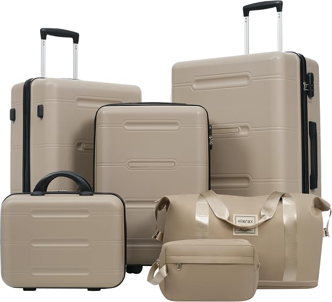 Merax Luggage Set 6 Piece,Lightweight Hardshell Suitcase with Wheels | 14 IN Cosmetic Case 20/24/28 IN Luggages with Handle Password Lock Duffel Bag and Toiletry Bag,Khaki by Merax