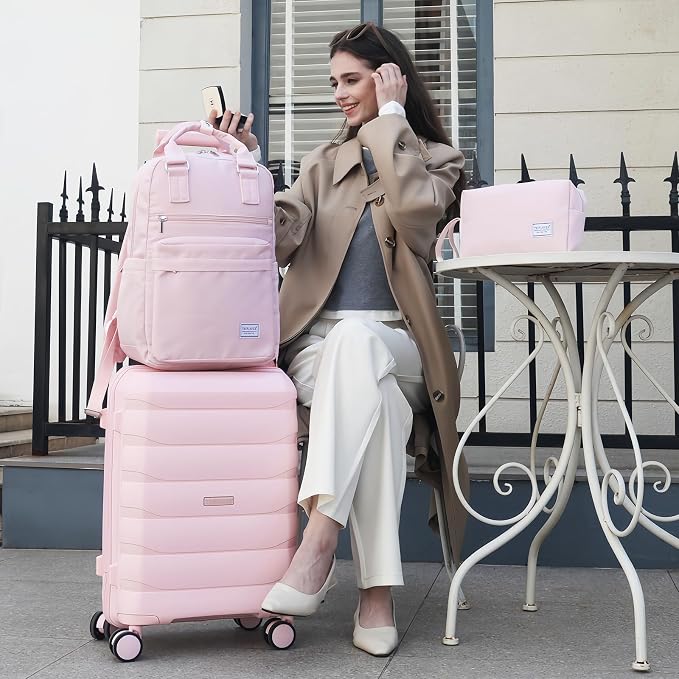 Carry On Luggage 22x14x9 Airline Approved, 22 Inch PP Hardshell Luggage Carry-on Suitcase with Spinner Wheels, Carry On Suitcase Set for Women (Pink) - Image 2