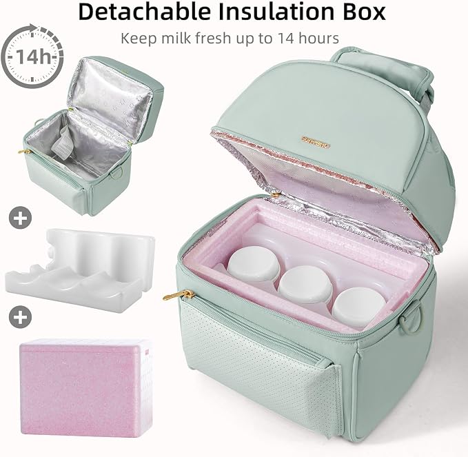 SUNVENO Breast Milk Cooler Bag with Detachable Insulation Box, Double-Layer Pumping Travel Bag for Work & Daycare, Fits Bottles, Ice Packs and Pump Parts,Green - Image 3