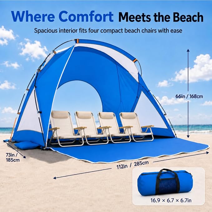 Beach Tent, Portable Sun Shelter for 2/3/4/6-8 Person with UPF 50+ UV Protection, Easy Setup Waterproof Beach Shade Canopy Cabana for Family Outdoor and Picnics, Fishing with Carrying Bag - Image 6