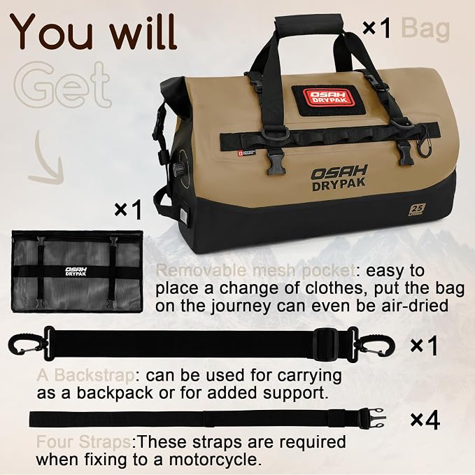 OSAH DRYPAK Waterproof Duffel Bag 25L/40L/60L – Heavy-Duty Motorcycle Tail Bag, Roll-Top Dry Bag for Travel, Camping, Boating, Kayaking, Outdoor Adventure - Image 8