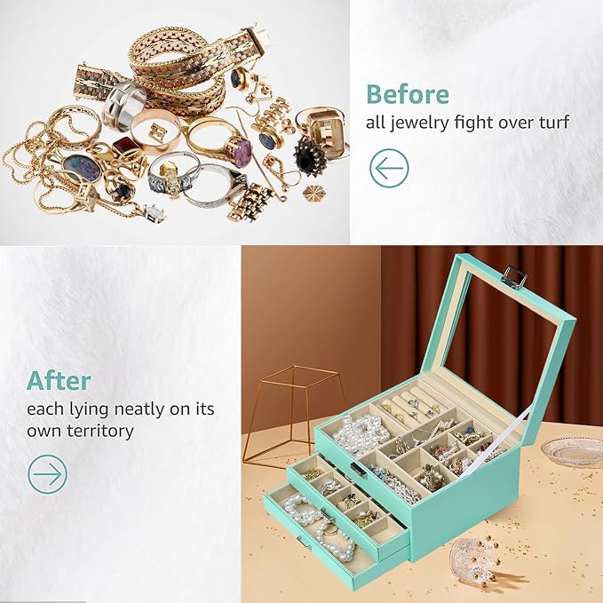 BOOVO Clear Lid Jewelry Box,3 Layers Jewelry Organizer Large Jewelry Storage Box with 2 Drawers,Jewelry Holder Organzier of Rings Earrings Necklace Bracelets for Women (Turquoise, 3 Layer) - Image 7