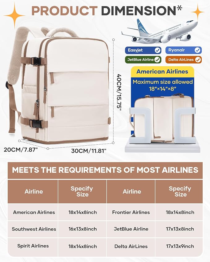 Travel Backpack Carry on Flight Approved Mochila De Viaje Personal Item Backpack for Airlines Frontier Airlines Personal Item Bag Large Backpack for Travel Backpacks for Men Women Beige with Brown - Image 3