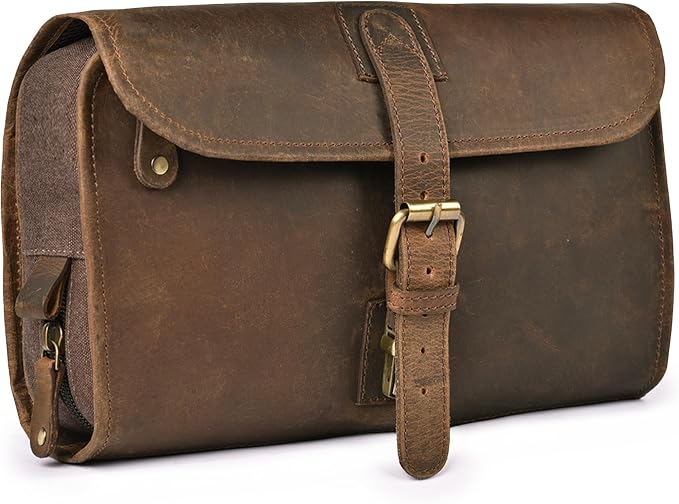 LEATHER VILLAGE Hanging Genuine Leather Toiletry Bag for Men & Women with Waterproof Lining – Handcrafted Vintage Travel Dopp Kit, Shaving Organizer & Shower Bathroom Essentials Case - Brown by LeatherVillage