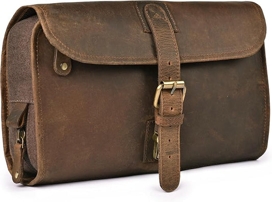 LEATHER VILLAGE Hanging Genuine Leather Toiletry Bag for Men & Women with Waterproof Lining – Handcrafted Vintage Travel Dopp Kit, Shaving Organizer & Shower Bathroom Essentials Case - Brown by LeatherVillage