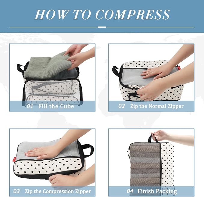 U+U 4 Set Compression Packing Cubes - Ultralight Travel Organizers, Space-Saving Suitcase Organizer, Expandable Packing Organizers for Travel Essentials (Polka Dot) - Image 4