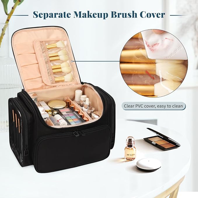 Large Makeup Bag with Jewelry Organizer, Travel Toiletry Bag for Women Girls with Makeup Brush Compartment & Two Side Pockets - XL Black - Image 4