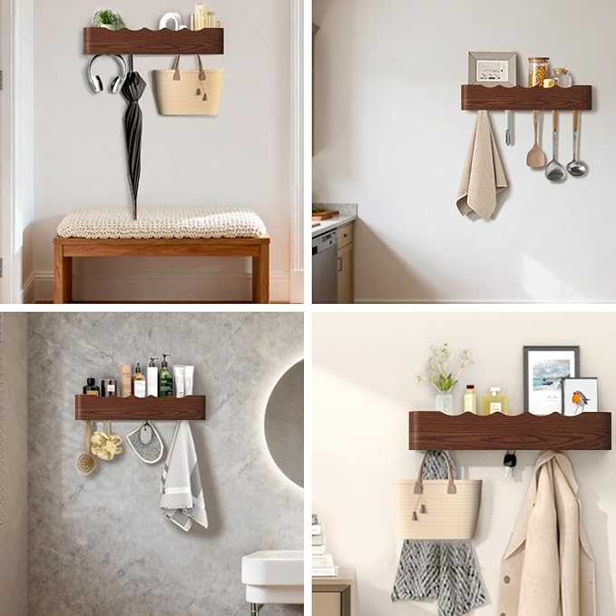 Wall Mounted Coat Rack with Shelf, Wooden Entryway Organizer with Hidden Metal Hooks for Hanging Coats Bags Keys, Modern Floating Shelf for Hallway Bathroom - Image 8