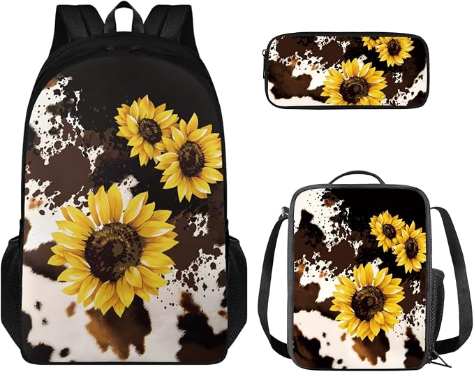 Coloranimal Cow Sunflower 3Pcs Backpack Set School Bag for Children Boys Girls Bookbag+Mini Lunch Food Container Box Bag Pencil Case Back to School Gifts by Coloranimal