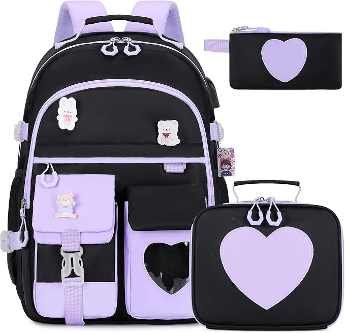 ACESAK Backpack for Girls - Bookbag Backpacks Schoolbag for Girls Kids Teen Women Casual Travel Daypacks - School Bag Elementary Middle School College Cute Backpack with Lunch Box (Purple Black) by ACESAK
