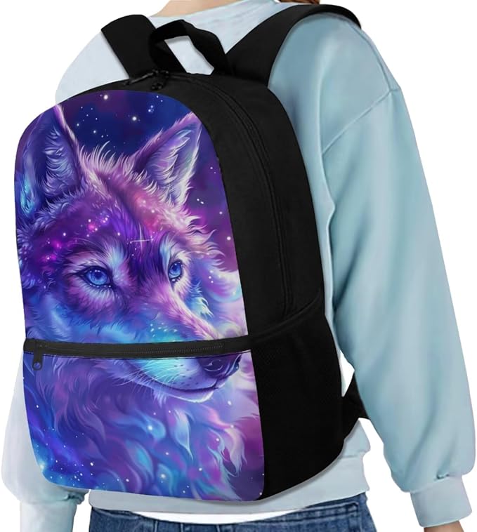 Galaxy Wolf Backpack for Girls Boys Backpack with Lunch Box Water Bottle Carrier with Strap and Big Pencil Case 4PCS Bookbag with Front Pocket for School 17 inch Sturdy School Bag for Kids - Image 2