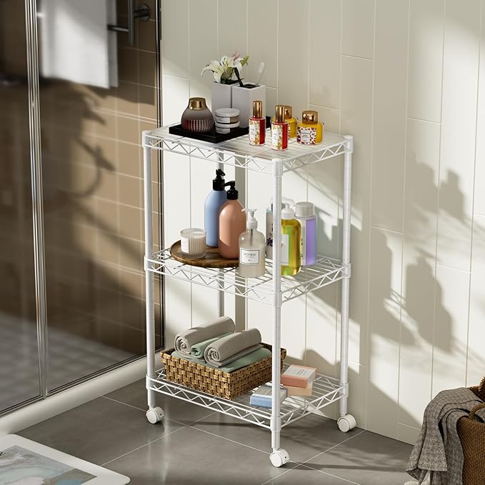 Golpart Small 3 Tier Shelves Storage Wire Shelving Unit Metal Shelf Adjustable Organizers Storage Shelving with Wheels for Bathroom Laundry Room Kitchen Pantry11.7”D x 17.7”W x 30.7”H White - Image 6