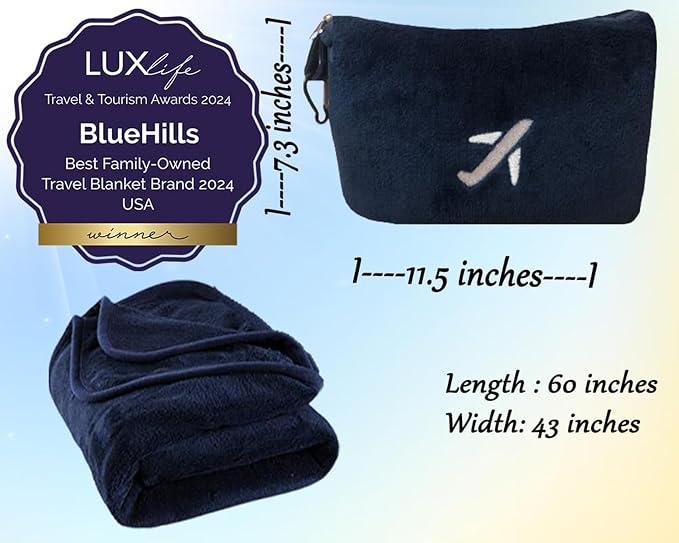 BlueHills Premium Soft Plush Mini Airplane Travel Blanket Pillow Navy Blue | Compact Pack with Luggage Belt and Backpack Clip, Long Flights Essentials, 2 in 1 Convertible Blanket, Soft Carry-on Case, RV - Image 5