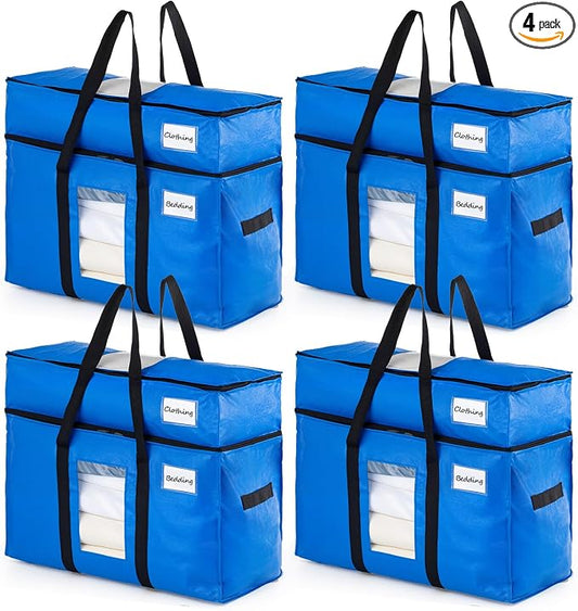 TAILI 2 Tier Extra Large Moving Bags, 4 Pack Blue Heavy Duty Totes For Storage with Visible Window, Wrap Around Handles, Storage Bags for Space Saving, Alternative to Moving Boxes by TAILI