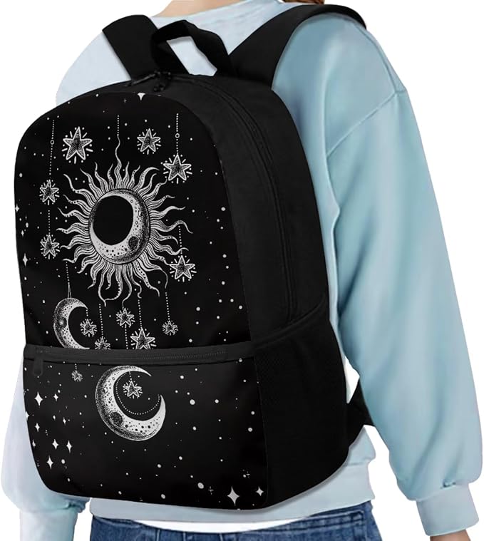 Gothic Sun Moon Stars Backpack for Girls Kids Backpack with Lunch Box Water Bottle Holder and Soft Pencil Case 4PCS Set Bookbag with Front Pocket for School 17 inch Large Capacity School Bag - Image 2