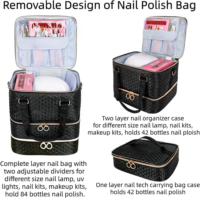 Nail Polish Organizer Bag, 3 Layers Nail Kit Organizers and Storage Case Holds 84 Bottles(15ml/0.5fl.oz)& Nail Lamp, Large Shoulder Bag Travel Carrying Case Box for Nail Supplies - Image 3