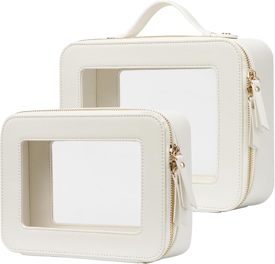 Popvibe Clear Makeup Case Set White Toiletry Bag Travel Large Clear Cosmetic Bag with Zipper, Big Make Up Bag Organizer Women Traveling TSA Approved Transparent Bag Car for Essentials by POPVIBE