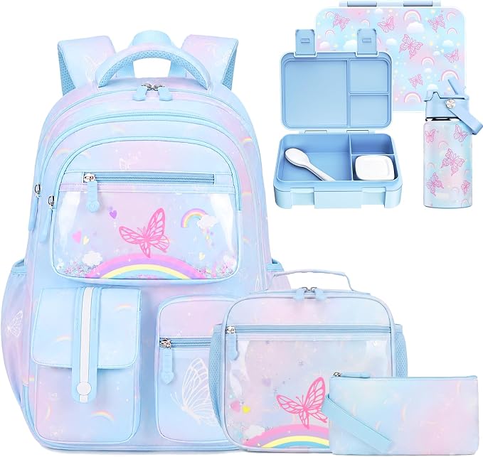 ACESAK Kids Backpack for Girls,Rainbow Backpack with 43OZ Lunch Box & 14OZ Water Bottle, Lunch Bag Set for School, Girls Bookpack for Elementary Middle school Teen Student(Blue) by ACESAK