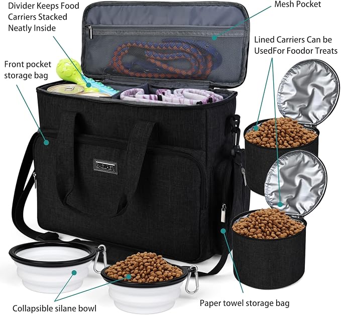 BAGLHER Dog Travel Bag, Airline Approved Pet Tote Organizer with Multi-Function Pockets, 2 X Food Storage Containers and 2 X Collapsible Bowls, Perfect Weekend Pet Travel Set for Dog, Cat Black - Image 5