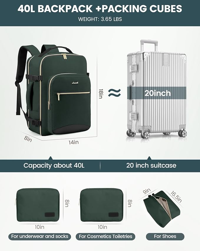 LOVEVOOK 40L Travel Backpack Flight Approved Carry on Backpack,3 Packing Cubes,Waterproof Personal Item Travel Bag,TSA Carry on Luggage Suitcase Travel Essentials,Gifts for Women & Men,fits 17" Laptop - Image 5