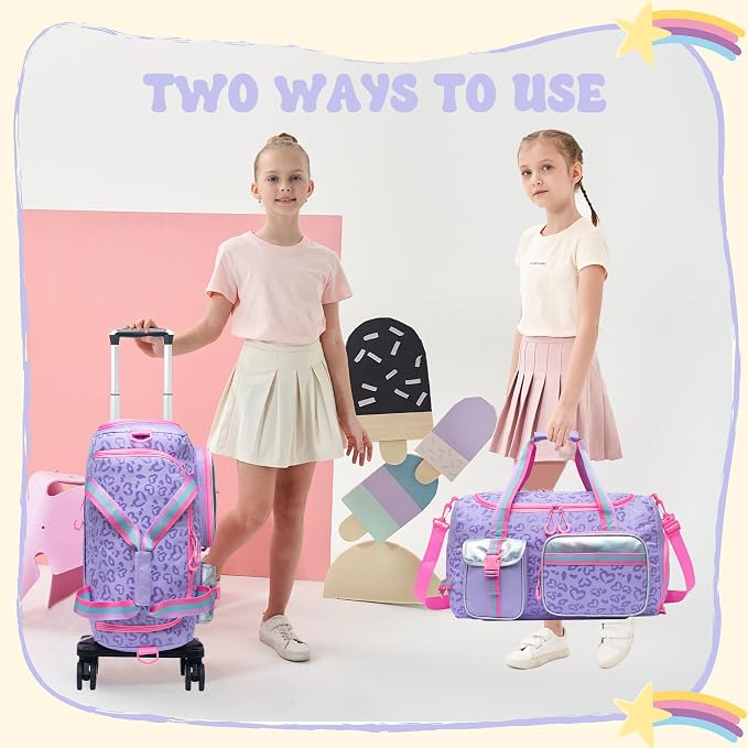 Girls Rolling Duffel Bag with Wheels - Travel Bag for Kids, Overnight, Dance & Gym Use with Shoe Compartment - Image 2