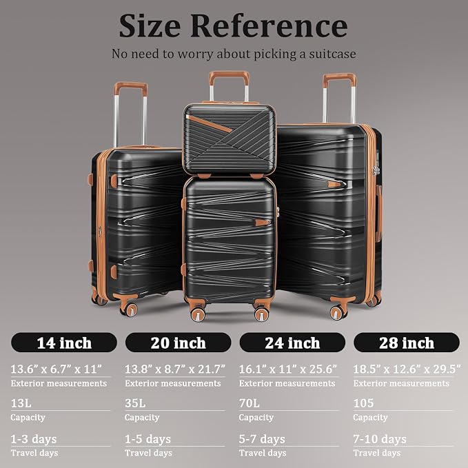 TRAVELEO 4 Piece Luggage Set PP Hardshell, Expandable Suitcase Set (20/24/28) with 14" Cosmetic Case, Lightweight Spinner Wheels with TSA Lock, Detachable Wheels for Nesting Storage (Black) - Image 5