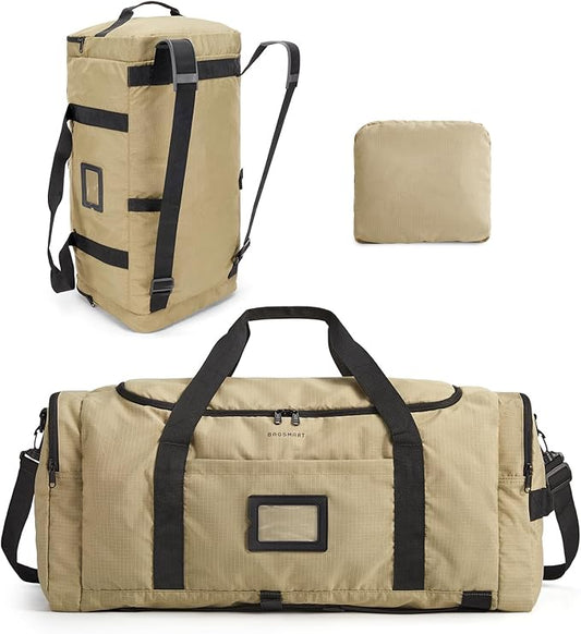 BAGSAMRT 60L Foldable Duffle Bag for Travel, Large Travel Duffel Bag for Men, 4 in 1 Travel Backpack, Carry on Weekender Bag, Light Brown