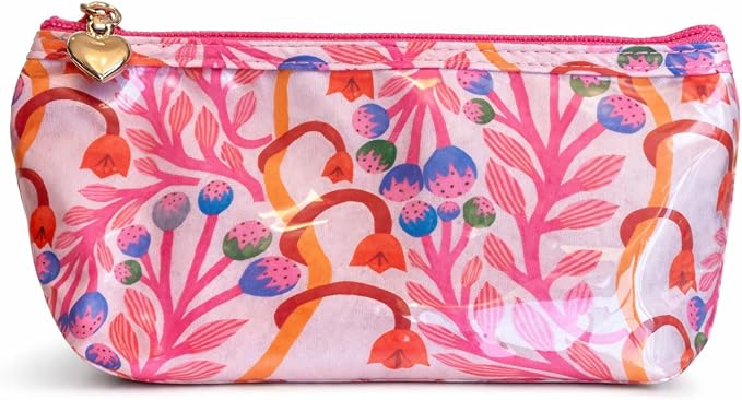 Jacaranda Living Extra Small Cosmetic Bag – Splash-Proof Travel Makeup Pouch with PVC Lining, Compact Bridal & Bridesmaid Toiletry Bag, Easy-Clean Cosmetic Case – Strawberry Vine by JacarandaLiving