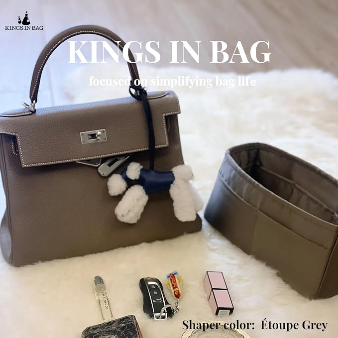 Women's Purse Organizer Insert - Satin & Lightweight Fabric with Inside Pockets, Portable for Commute, Travel, Shopping, and Evening, Multicolor Options, Fits for Kelly 28(Etoupe grey, KL28 Sellier) - Image 2