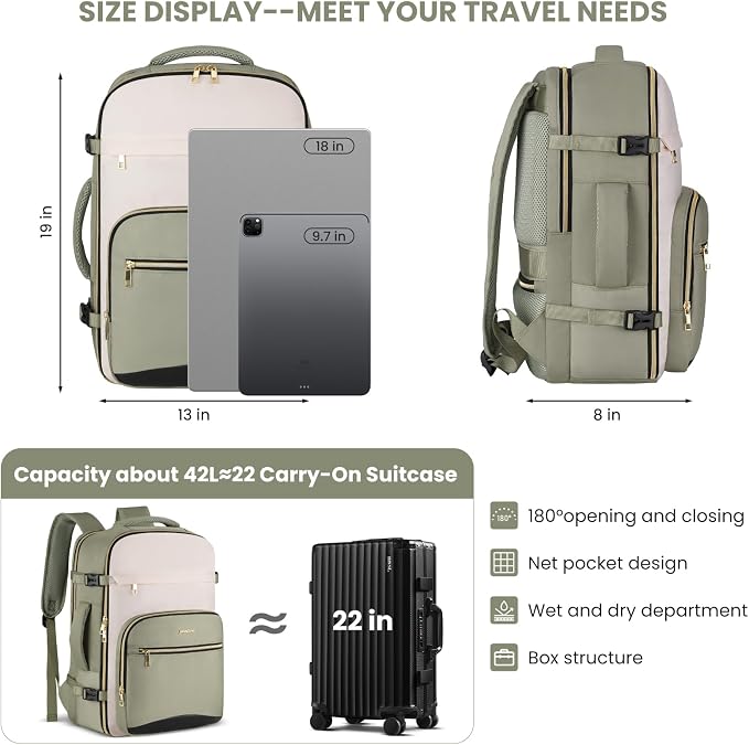 YAMTION 42L Large Travel Backpack for Women,Carry On Luggage with 4 Packing Cubes, Airline Approved Weekender Backpacks for Personal Items fits 18 Inch Laptop - Image 8