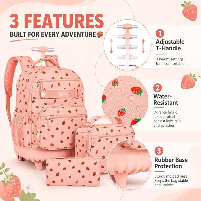 3Pcs Rolling Backpack for Women Girls with Large Wheels, 20 Inches Detachable Wheeled Backpack Set, Adults Water Resistant Roller Backpack for Travel, Work, College School (Pink) - Image 5