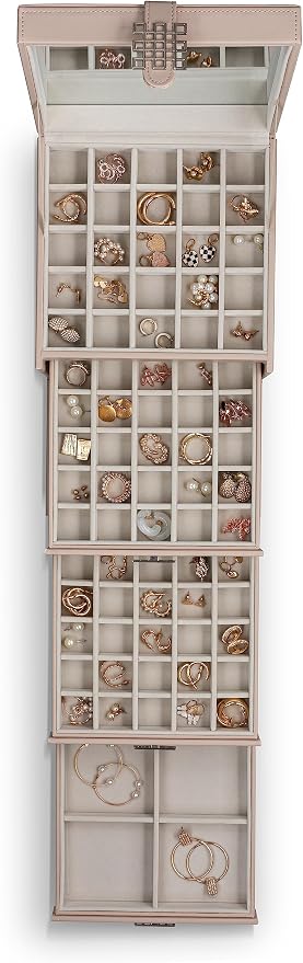 Glenor Co Earring Organizer Holder - 75 Small & 4 Large Slots Classic Jewelry Box with Drawer & Modern Closure, Mirror, 4 Trays Earrings, Ring or Chain Storage - PU Leather Case - Sand - Image 3