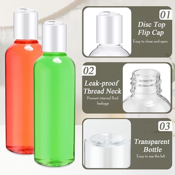 Roshtia 100 Pack 3.4 oz Travel Bottles for Toiletries, Clear Refillable Plastic Bottles with Disc Top Flip Cap, Leak Proof Empty Containers for Shampoo, Lotion, Essential Oil, Bulk Travel Size(White) - Image 3