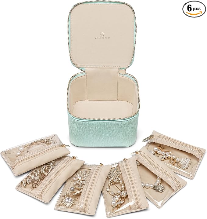 VLANDO Travel Jewelry Box for Women Faux Leather Jewelry Box with 6 Velvet Jewelry Zipper Pockets Earrings Necklace Rings Storage Boxes Christmas Gift for Mom Wife(Lake Blue) by VLANDO