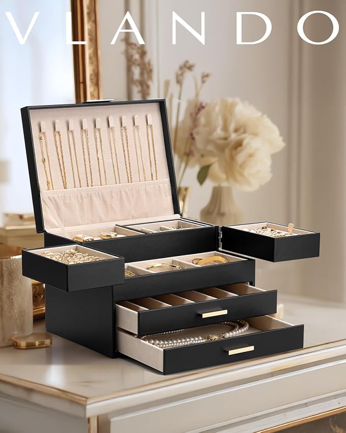 VLANDO 4 Layers Jewelry Box - Women Jewelry Box with Retractable Tray - Jewelry Organizer with Drawer for Necklaces, Rings, Bracelets, Earrings, Gift for Couples Mom Girls - Black - Image 7